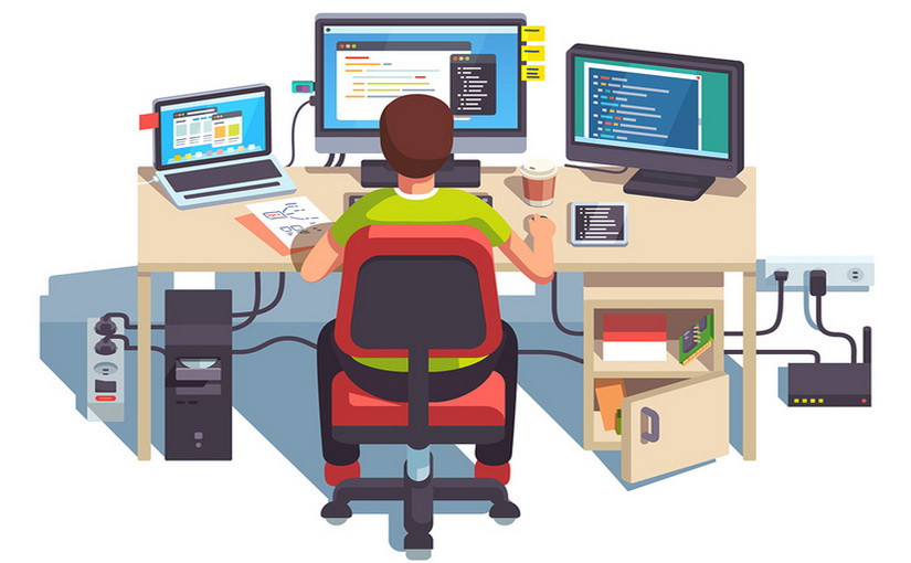 Компьютерное оборудование: монитор, ноутбук, ПК на столе, человек.