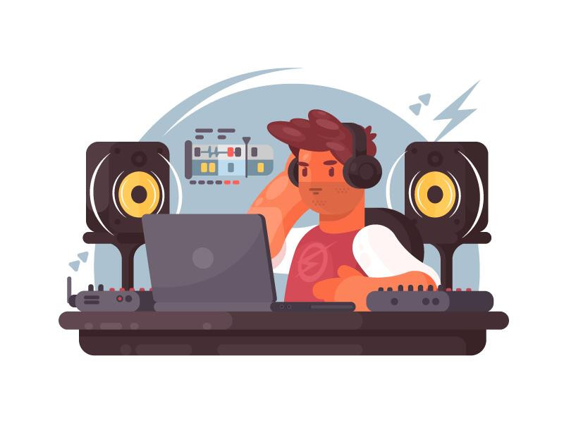 Электроника: человек с ноутбуком и колонкой, лицо и компьютер.