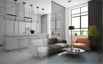 Архитектурное здание с мебелью в уютной гостиной с диваном, растениями и декором.