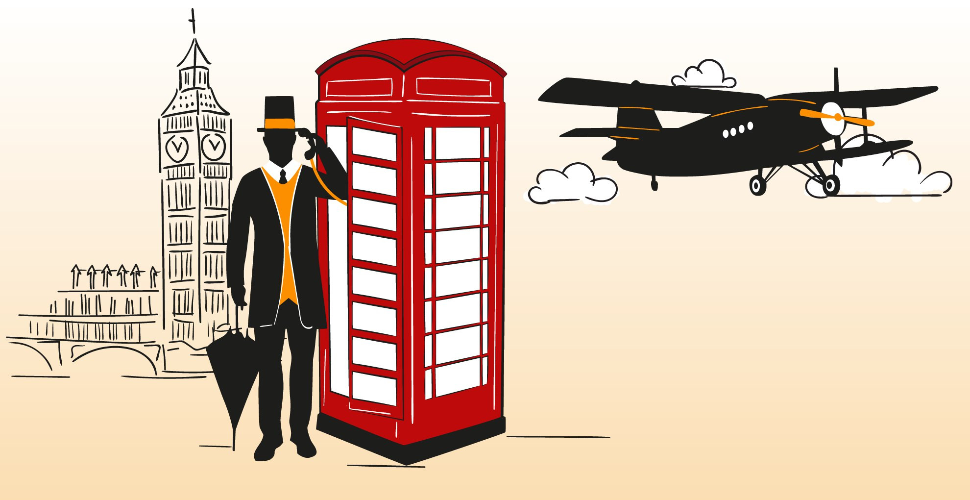 "Adult male wearing a coat standing near an airplane and vehicle kiosk."