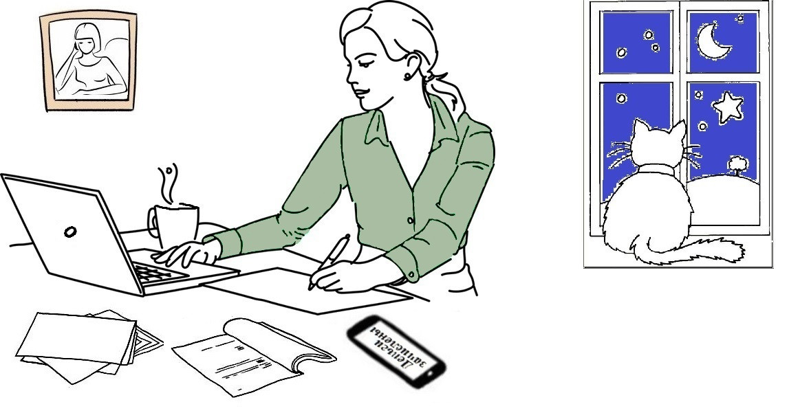 Человек с котом за компьютером на рабочем столе, изучает комиксы.