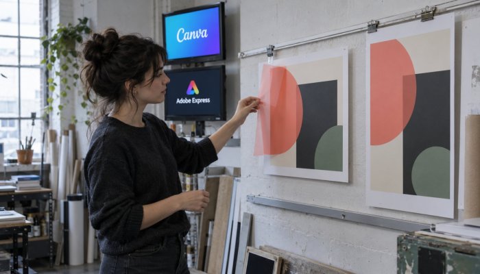 Canva vai Adobe Express: ātrāks šablons var zaudēt slāņu darbā