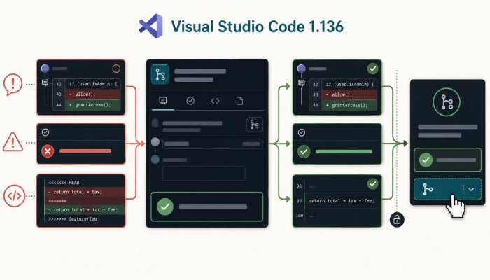 VS Code 1.136, pull request’i düzeltiyor: birleştirme yine otomatik değil