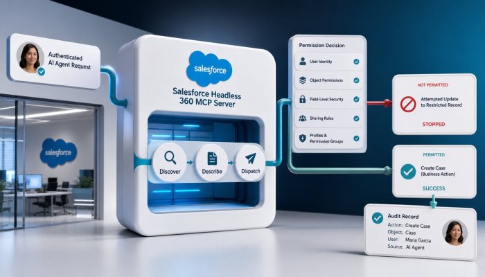 Salesforce Headless 360 फैला—AI एजेंट को वही पुरानी अनुमतियाँ मिलेंगी