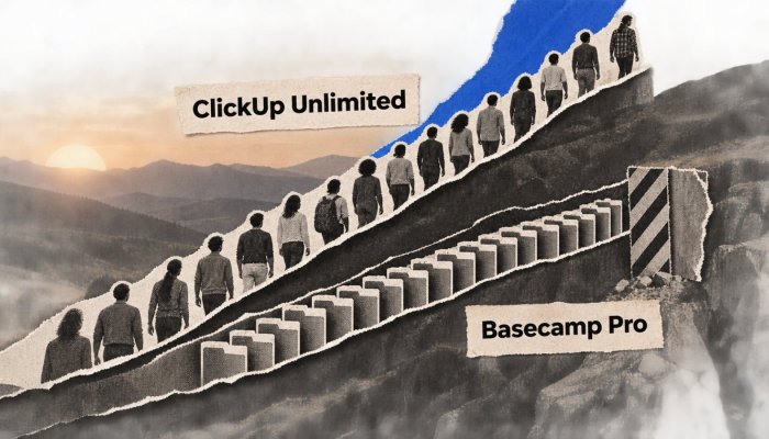 ClickUp sau Basecamp: prețul pe utilizator schimbă câștigătorul la scară