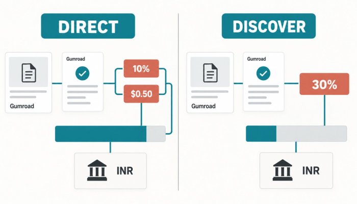 Gumroad की 10% फीस पूरा हिसाब नहीं—Discover बिक्री पर 30% कटता है