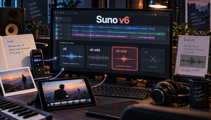 Suno v6 thay toàn bộ model cũ: bản miễn phí chỉ còn v6-mini