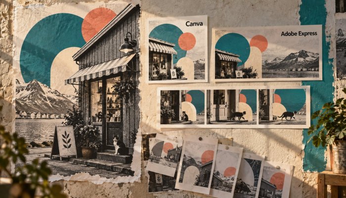 Canva eða Adobe Express: AI-kvóti og vörumerkjasöfn ráða valinu