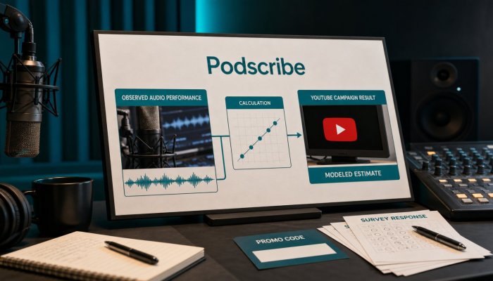 Podscribe का YouTube मापन अनुमान है—सीधे रूपांतरण नहीं