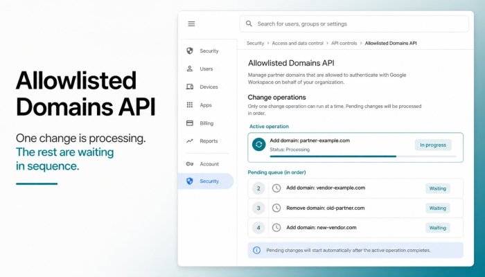 Workspace automatiza dominios permitidos, pero la API no admite lotes