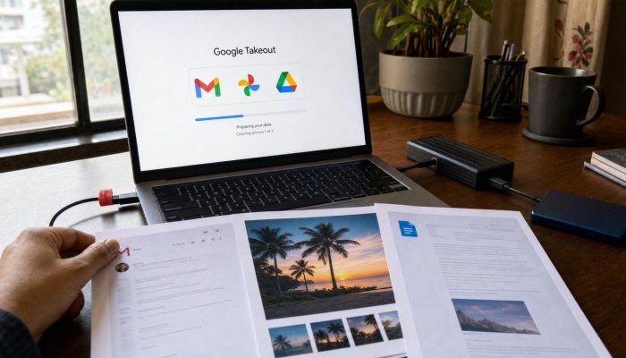 Google Takeout से Gmail, Photos और Drive का बैकअप कैसे लें: सही प्रारूप और संग्रह आकार चुन
