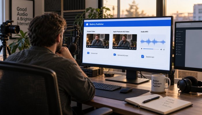 Blubrry tek yüklemeyle üç biçim üretiyor; PowerPress şimdilik dışarıda