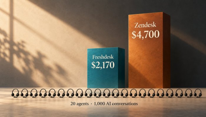 Freshdesk না Zendesk—২০ এজেন্টে AI-সহ মাসিক বিল $২,৫৩০ কম