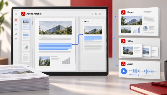 AcrobatのAIが長文PDFを図と音声へ、確認元は引用でたどれる