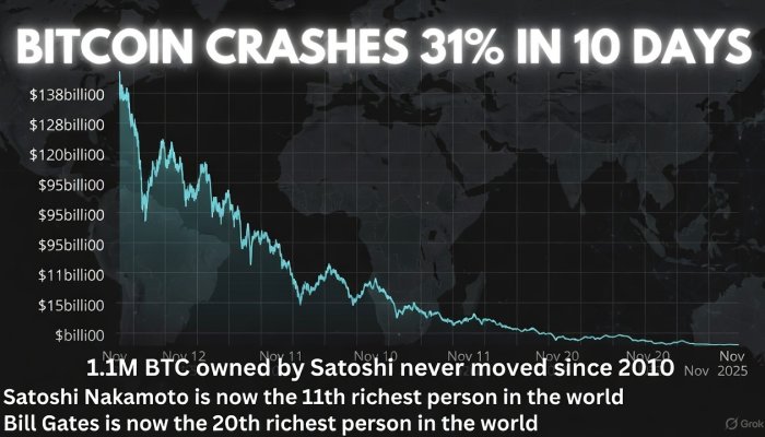 Satoshi Nakamoto's Shadowy Fortune Evaporates $42 Billion in a Month: Bitcoin's Brutal November Slide
