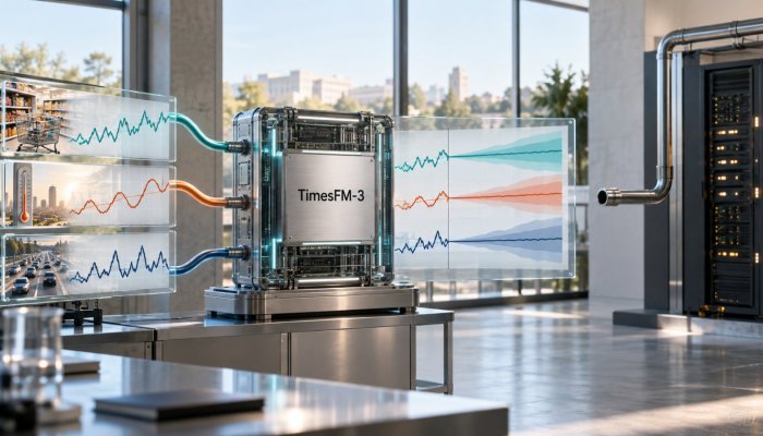 TimesFM-3 menangani banyak seri sekaligus—bobotnya dilarang untuk produksi